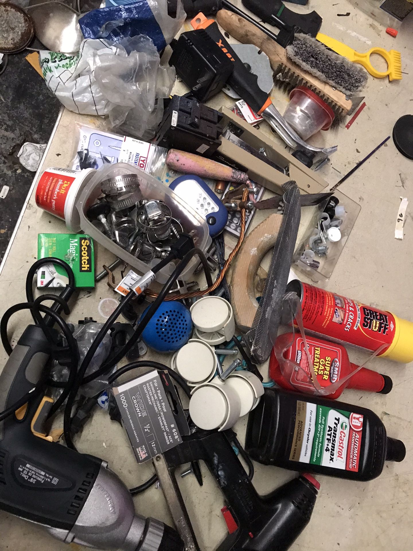 Handy man set lot closet misc tools, nail gun, oil, wheels, brush random stuff