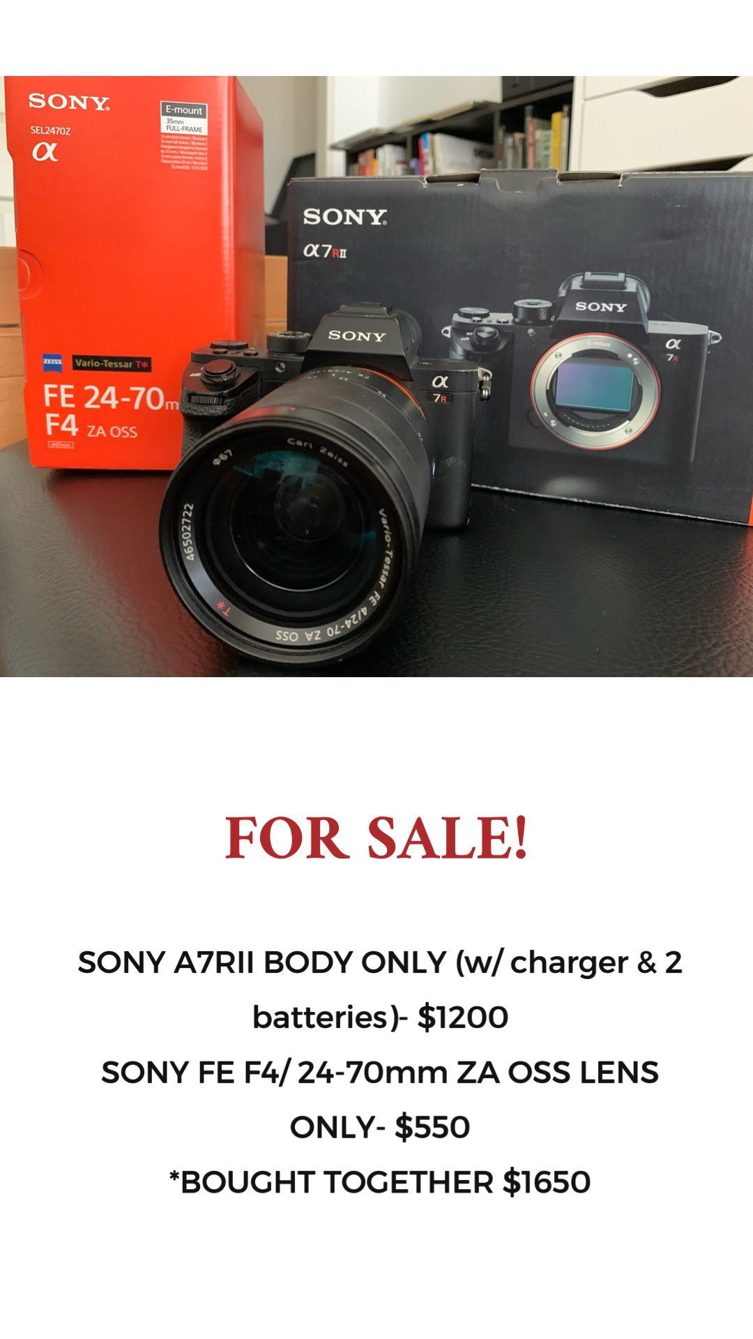 SONY A7RII CAMERA with SONY FE F4/ 24-70mm OSS Lens (CAN BUY SEPARATELY)