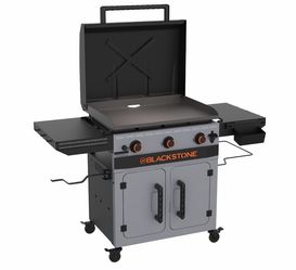 Blackstone Bronco Outdoor Griddle, 28 Inch XL 3-Burner Flat Top Grill with Cabinet, Gray
