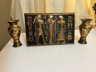 Vintage Egyptian Brass Wall Plaque & Matching Vases – 3 Piece Set