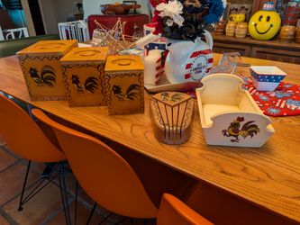 Vintage MCM hand painter rooster canister set and matching hanging knife holder made in Japan by Woodpecker Woodware, and ceramic mid century bread bo