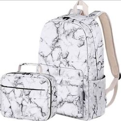 BRAND NEW Water Resistant School Backpack for Teens with Lunch Bag (Marble White)