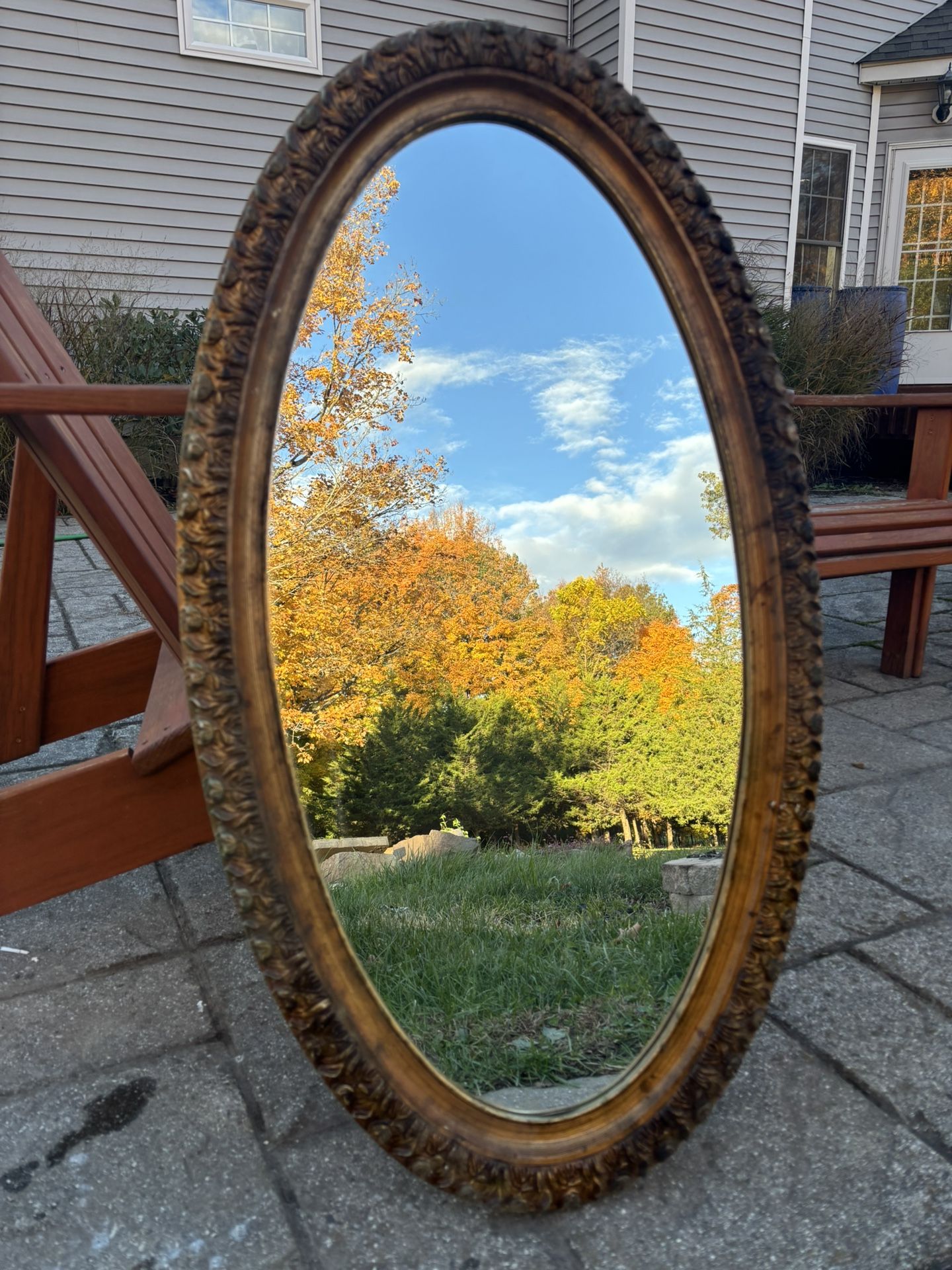 Antique Gold Oval Medicine Cabinet Mirror – Ornate Floral Frame, Mid-Century Metal Back