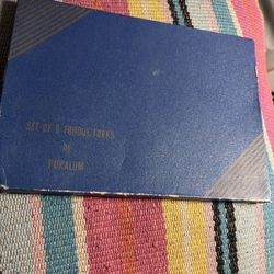 Vintage Puralum Set of 8 Fondue Forks Wood Handles Stainless Orig Box MCM