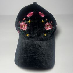 Black Velvet Baseball Cap with Pink Floral Embroidery Adjustable Women’s Hat