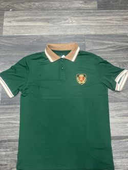 Men's Green Polo Shirt with Brown Collar and Stripes