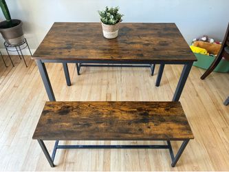 Rustic Industrial Dining Table Set + Bench - Solid Wood Style, Modern Metal Frame