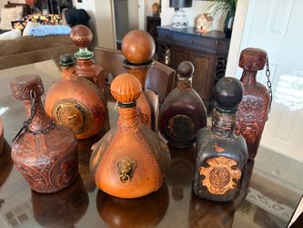 Vintage Leather-Wrapped Decorative Decanters Set of 7