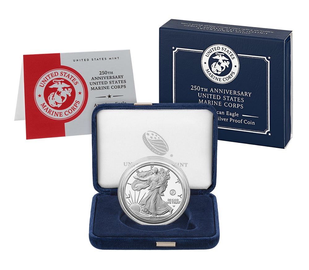 250th Anniversary Marine Corps American Eagle One Oz Silver Proof Coin-IN HAND