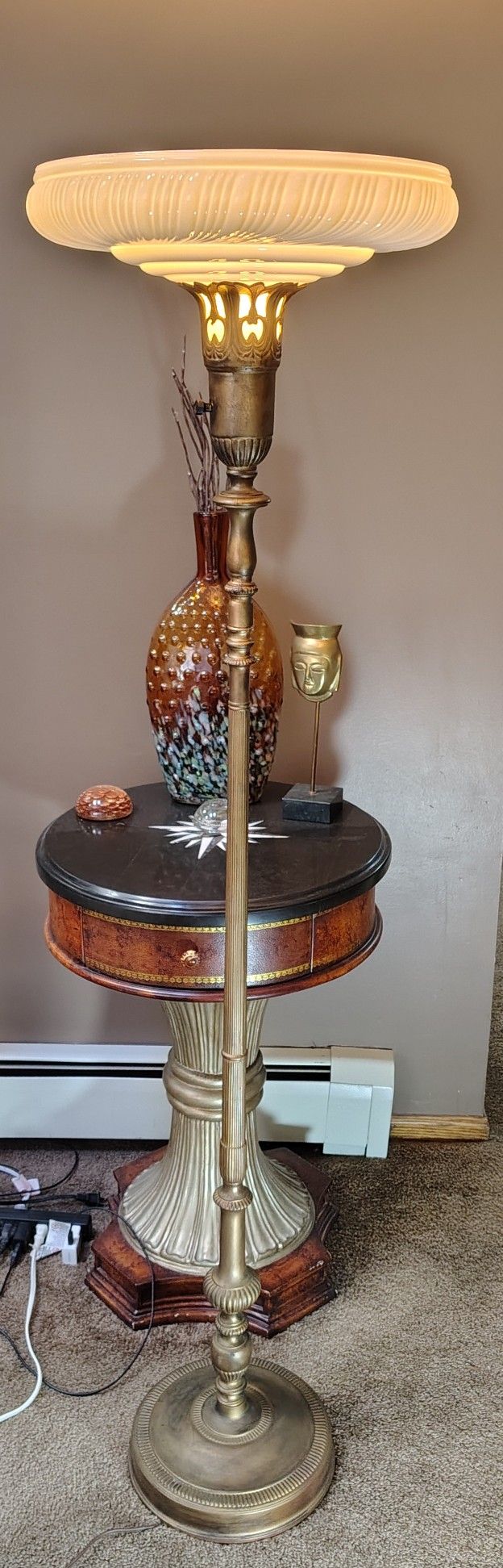 Antique 1910s 62" Art Deco Torchiere Floor Lamp Original 15" Pearlescent Glass Shade