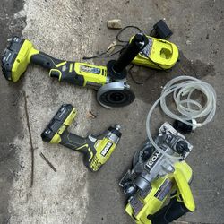 Bundle Lot Ryobi 18v Power Tools With Batteries  And Charger Drill Impact Driver Angle Grinder Wet Circular Saw