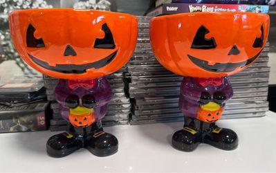 Set of 2 Ceramic Halloween Pumpkin Bowl Holders – Jack O’ Lantern Candy Bowls