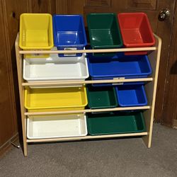 Kids' Toy Storage Organizer with 11 Plastic Bins - Natural Wood with Brightly Colored Bins - 10.9" D x 33.6" W x 31.1" H