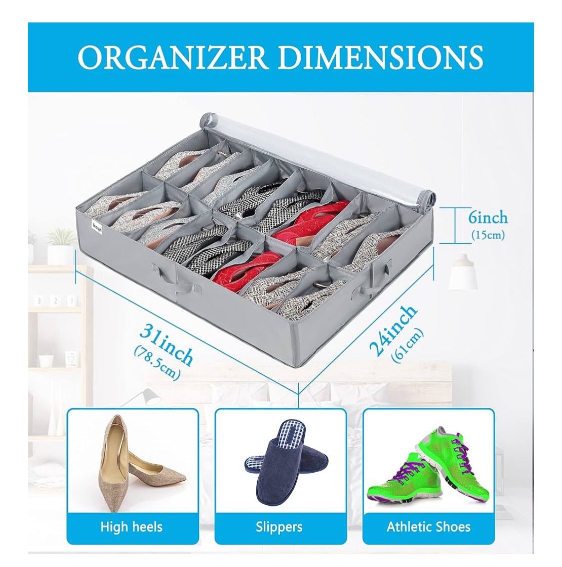 Under Bed Shoe Storage Organizer , Fits 32 Pairs, Large Underbed Shoe Box Storage Containers, Clear Foldable Shoes Organizer Under the Bed Sturd