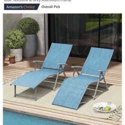 2PCS Patio Chaise Lounge Outdoor Adjustable Folding Lounge Chair Recliner with 8 Adjustable Backrest Positions for Pool Beach Yard, Blue Textliene & G