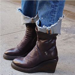 A.S.98 Women's Tremont Leather Wedge Ankle Booties Size European 38/US 7.5-8 platform Chunky flat