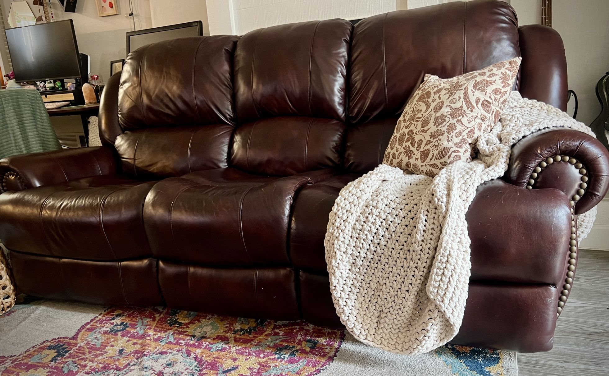 Leather Reclining Couch-Power + Fold Down Table