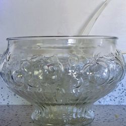 Vintage Jeannette Pressed Glass Punch Bowl Set 8.5 Qt with 8 Cups & Ladle Collectible