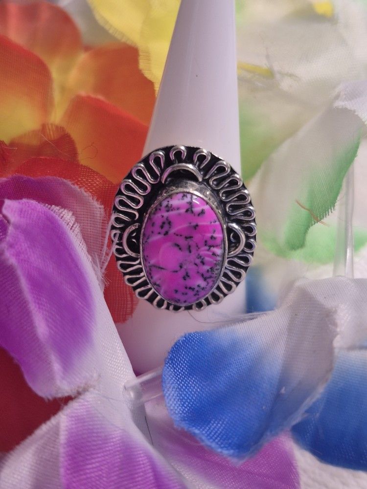 Elegant Dendrite Opal Pink Stone Silver Ring 7