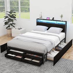 Queen Bed Frames with Headboard, Queen Size Storage Bed Frame with 8 Drawers, Built-in Charging Ports & Outlets, Adjustable Atmospheric LED Lights, Qu