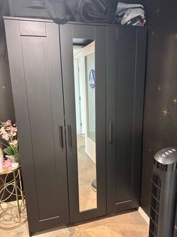 Black 3-Door Wardrobe with Mirror
