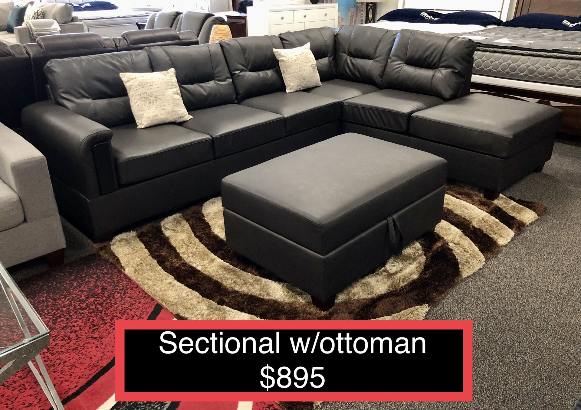 New Leather Sectional With Storage Ottoman
