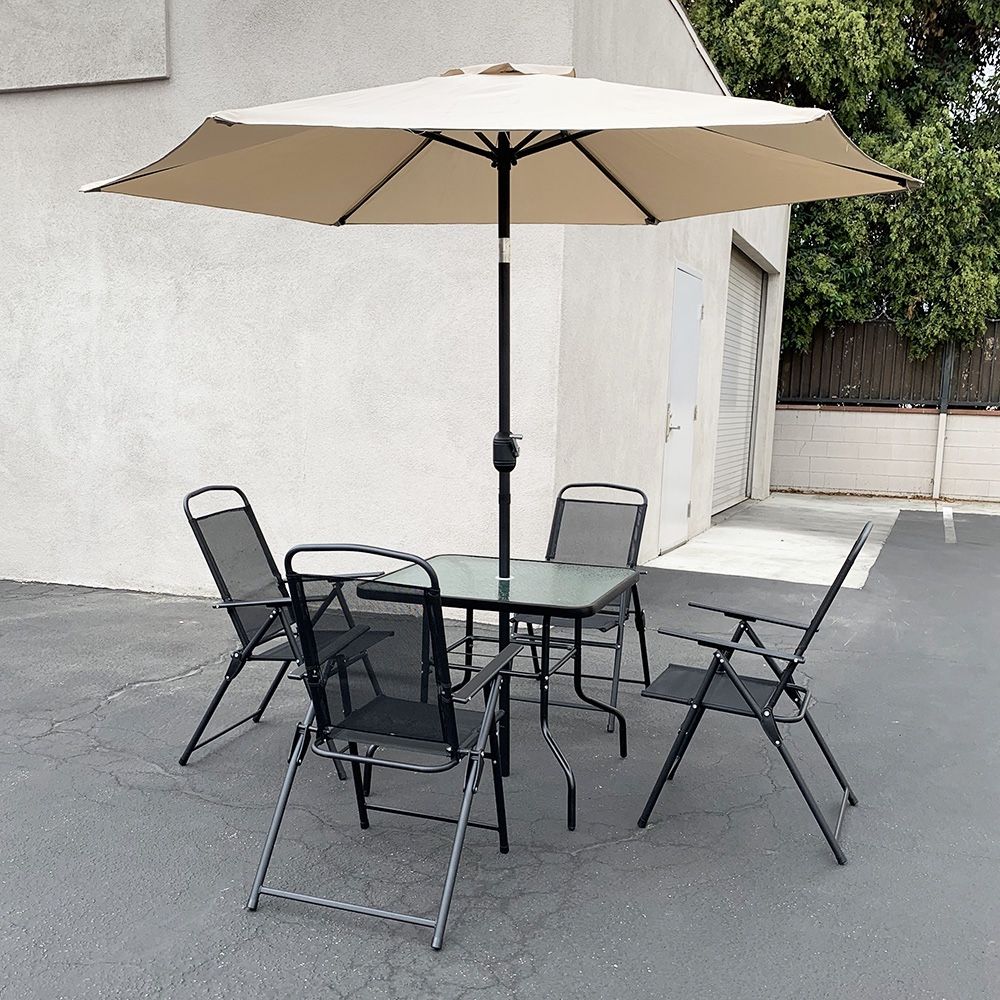New in box $140 Patio 6 Piece Outdoor Set with 32x32” Table 4pc Folding Chairs and 10 FT Tilt Umbrella