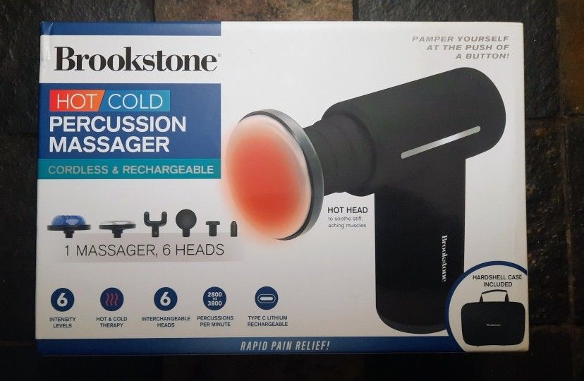 Brookstone Cordless Hot and Cold Percussion Deep Tissue Massager Gun, 6 levels