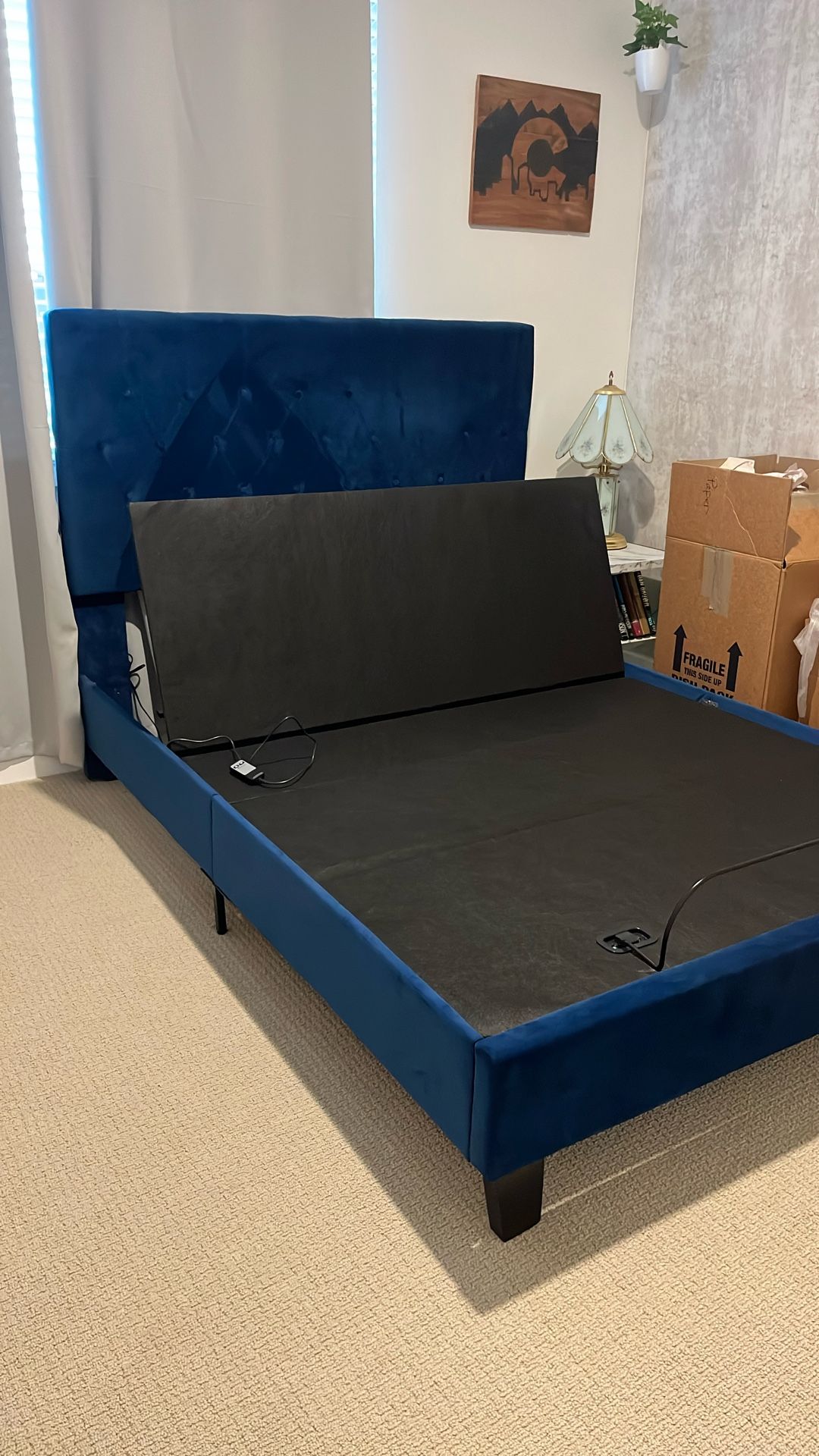 Queen Blue Suede Bed Frame And Electric Box Spring