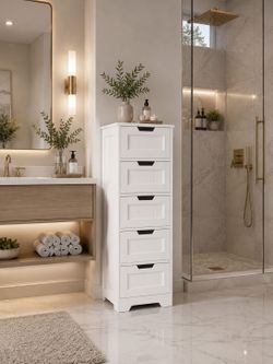 Bathroom Cabinet, Bathroom Storage Cabinet with 5 Drawers, Wooden Storage Cabinets with Cut-Out Handles, 11.8” x 15.7” x 40.1” Bathrooms Floor Cabinet