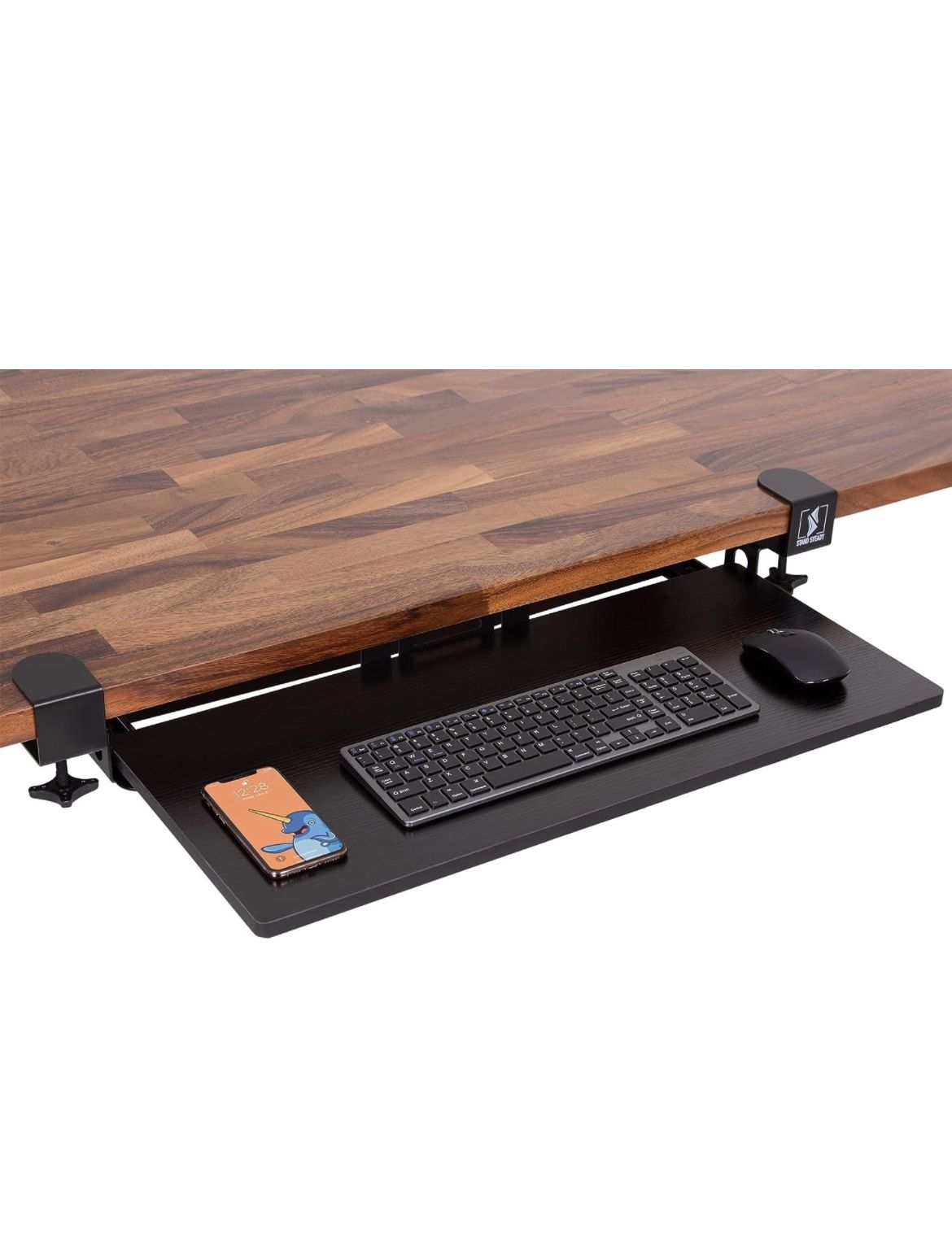 Stand Steady Premier Clamp-On Keyboard Tray | Extra Large 27-Inch Keyboard Shelf for Ergonomic Typing | Heavy Duty Wood Tray & Metal Frame | Sliding D