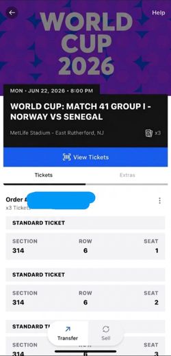 World Cup 2026 Tickets - Norway vs Senegal - 3 Tickets Left
