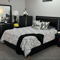 Beautiful complete bedroom set in black. Beds in all sizes. Inquire for pricing.