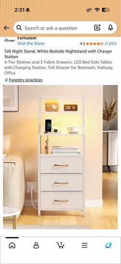 Tall Night Stand, White Bedside Nightstand with Charger Station 4-Tier Shelves and 3 Fabric Drawers, LED Bed Side Tables with Charging Station, Tall D