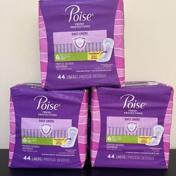 3pack Poise Daily Incontinence Panty Liners, 2 Drop Very Light Absorbency, Long, 44 Count
