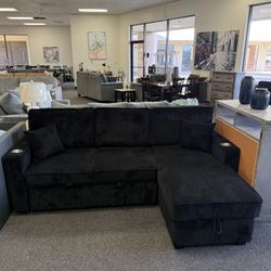 Black Corduroy Sleeper Sofa With Storage Chaise 