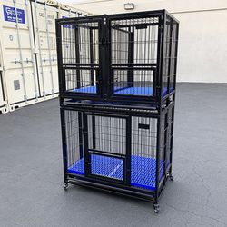 (NEW) $250 Stacking Dog Crate 37”x25”x64” Heavy-Duty Cage Folding Kennel w/ Plastic Tray (Set of 2) 