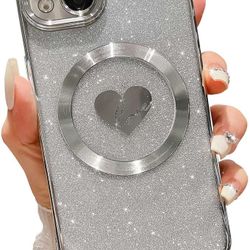 HYUEKOKO Compatible with iPhone 13 6.1 Inch Case with Magsafe, Plating Heart Glitter Magnetic Case for Women Girl TPU Camera Protection Back Cover for