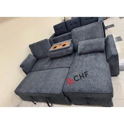 Chenille Fabric Sleeper Sectional with  Storage Chaise, Drop-Down Table, Cup Holders and Charging Ports