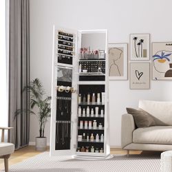 Mirror Jewelry Cabinet Standing, Jewelry Armoire with Full-Length LED Mirror and Adjustable Lights, 360° Swivel Jewelry Organizer Storage, White