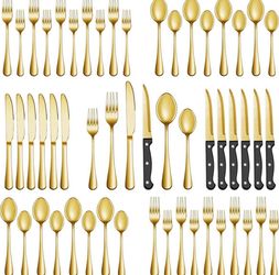 24 Pcs Gold Silverware Set with Steak Knives, Stainless Steel Flatware Cutlery Set Service for 4, Kitchen Tableware Set, Utensil Set for Home and Rest