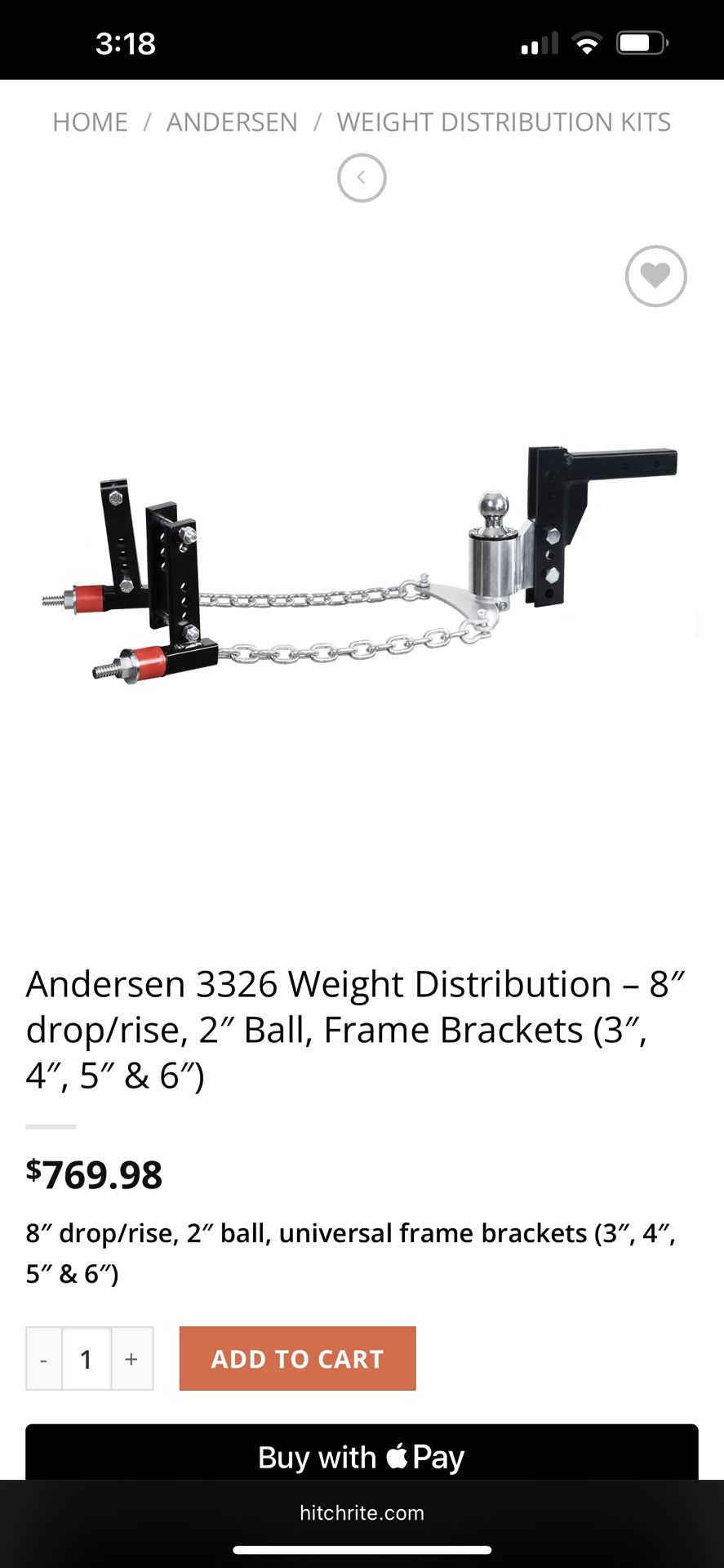 Andersen 3326 Weight Distribution – 8″ drop/rise, 2″ Ball, Frame Brackets (3″, 4″, 5″ & 6″) NEW!! Weight Distributer