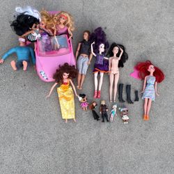 Lot Of Barbies And Barbie Doll Pink Convertible Car Disney Princesses Ariel Bell