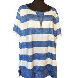 Womens Blue White Striped Short Sleeve Top Blouse Round Neckline Size 3X