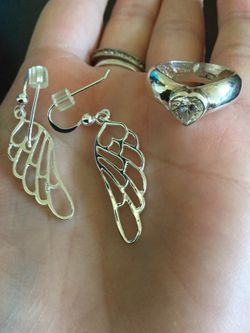 Sterling Silver Hart Ring & Sterling Silver Angel wing earrings 🦋💍💎