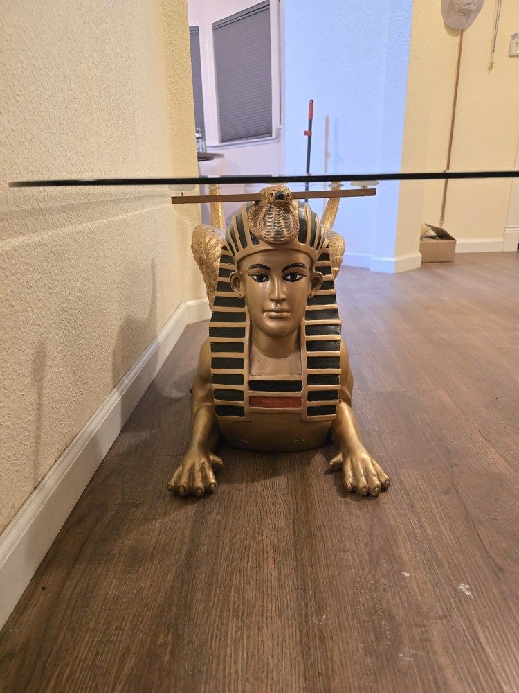 Sculptural Coffee Table With Glass Top, Egyptian Sphinx
