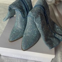Denim & diamond heeled boots