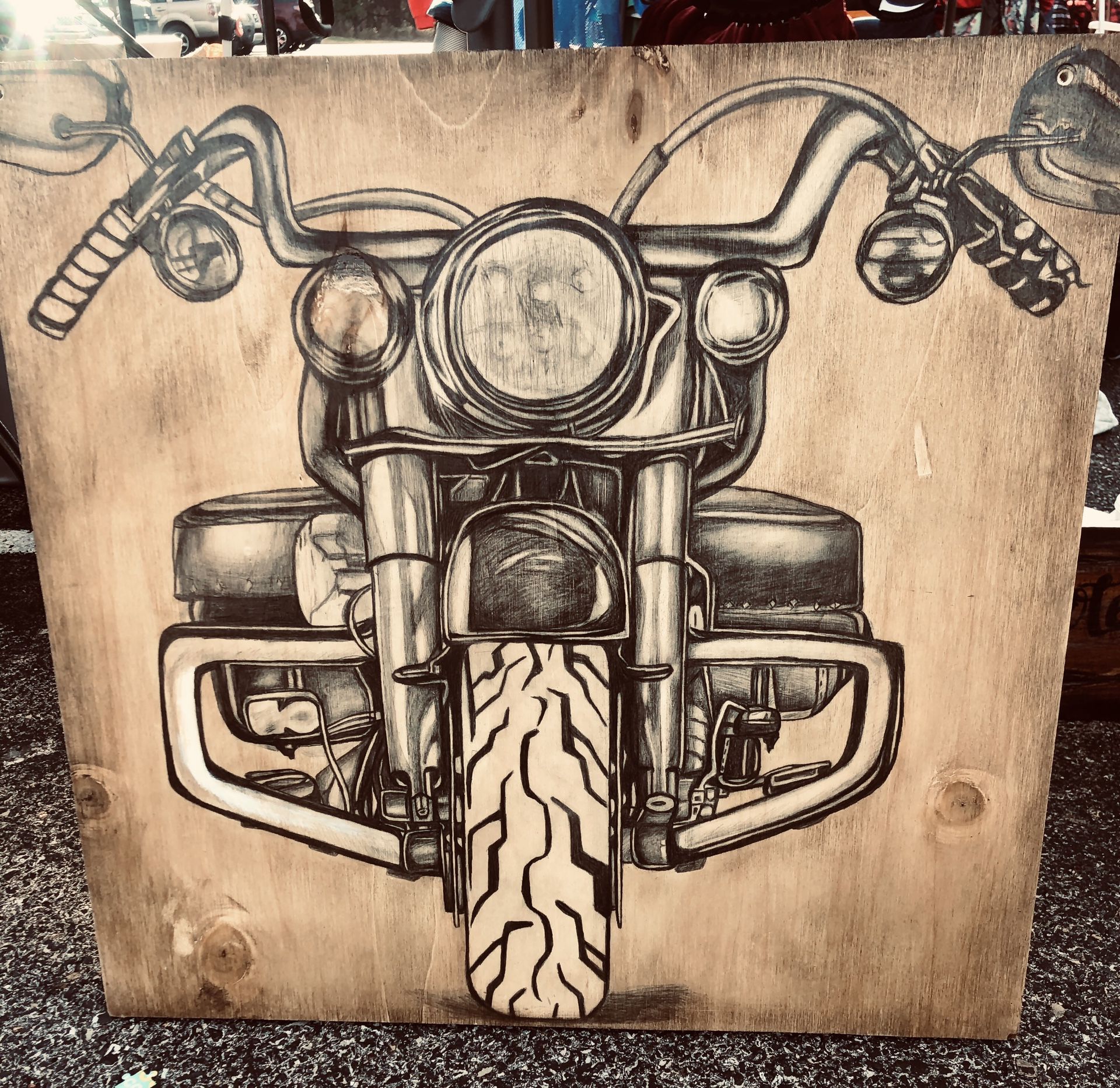 Hand Drawn Motorcycle On Wood Sign Harley Davidson