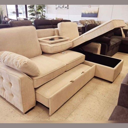 Beige Chenille REVERSIBLE Sleeper Sectional with Storage Chaise, Drop-Down Table, Cup Holders,Charging Ports