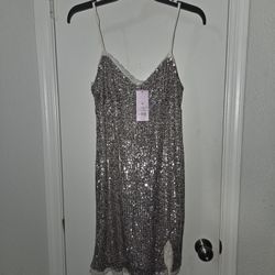 New Silver Sequin Mini Dress Size  Medium 